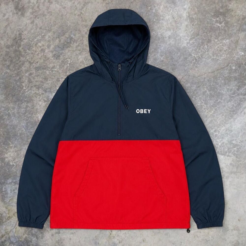 Obey Windbreaker Quarter Zip Pullover Jacket Men's Medium Red & Blue Streetwear